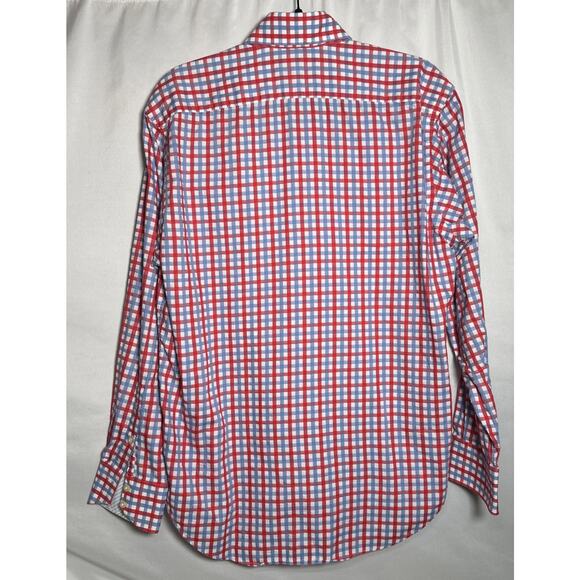 THOMAS DEAN Men's Red Blue Plaid Cotton Button Up Dress Shirt Size Medium - Picture 9 of 9